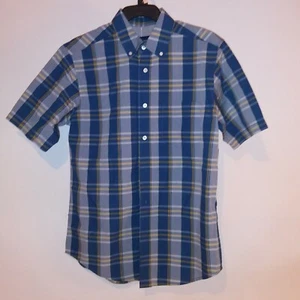 Basic Editions Mens Button Down Shirt Small Short Sleeve Blue Yellow Plaid New - Picture 1 of 4