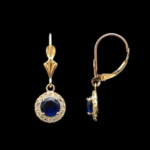 Pendientes de diamantes simulados con halo de zafiro de 1 quilate de oro amarillo sólido de 14 k con cierre de palanca - Imagen 1 de 3