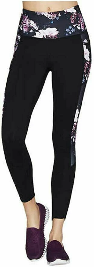 Skechers Leggings GOwalk 7/8 Length Pants Black and Purple Floral S Womens