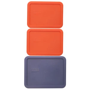 Pyrex (2) 7210-PC 3-Cup Pumpkin Orange Lids and (1) 7211-PC 6-Cup Blue Lid Set - Picture 1 of 5