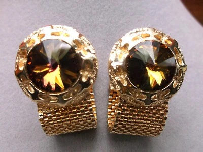 VINTAGE TOPAZ CRYSTAL GOLDTONE MESH MENS CUFFLINKS - Image 1 of 4