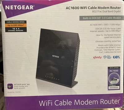 NEW NETGEAR AC1600 Wifi Cable Modem Router Combo C6250-100NAS DOCSIS 3.0 SEALED! - Image 1 of 4