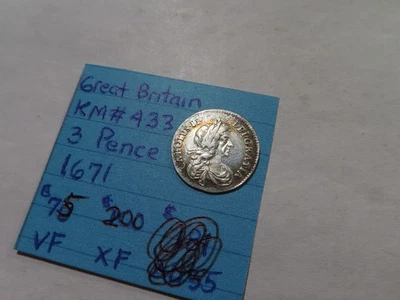 D73 Great Britain 1671 Charles II Silver 3 Pence Nice Toning - Image 1 of 2