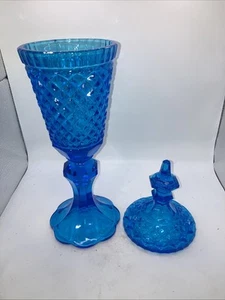 LE Smith Candy Dish - Lidded Pedestal - Blue Diamond Point Pattern - 15.5" tall - Picture 1 of 4