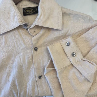 Vintage Monzini Collection Shirt Mens 70s Floral Embroidered Disco Tan MED EUC - Image 1 of 4