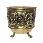 Vintage Brass Footed Planter Pot Embossed Flowers Thin Metal Made In England