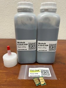 2 BLACK Toner Refill for Konica Minolta Bizhub C35, C35P + 2 Black Chip (TNP22) - Picture 1 of 3
