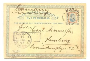 LIBERIA 1894 PS CARD TO GERMANY PM=AUS WEST AFRIKA = F/VF  - Picture 1 of 2