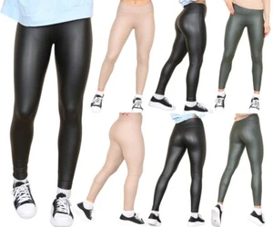 Womens Wet Look Elasticated High Waist Faux Leather PU Fleece Line Soft Legging - Picture 1 of 8