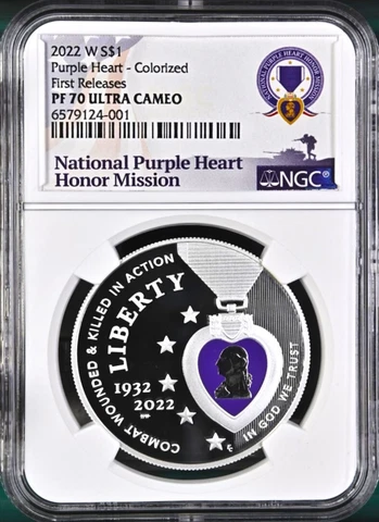 2022 w colorized purple heart proof silver dollar, ngc pf70 F/R, in hand Cover