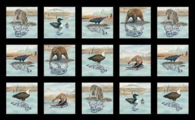 Elizabeth Studio Native Reflections Black Wildlife Cotton Quilt Panel 24" x 43" - Image 1 of 2
