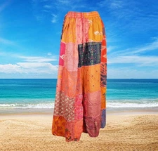 Womens Handmade Boho Patchwork Skirt, Orange Maxi Skirts, Ethnic Vintage S/M/L