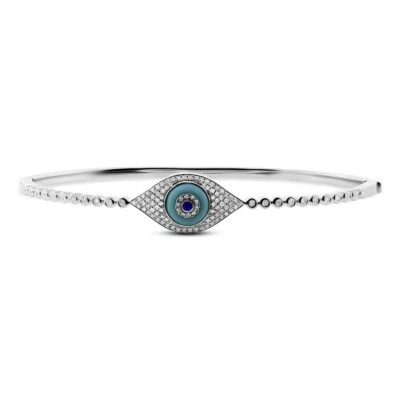1.02CT 14K White Gold Diamond Turquoise Blue Sapphire Eye Bangle Bracelet Medium - Image 1 of 2