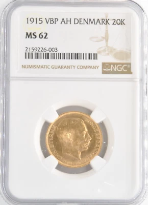 Denmark 1915 VBP,AH 20 Kroner Christian X .900 Gold Coin NGC Graded MS62 - Image 1 of 2