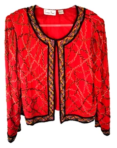 Vintage Laurence Kazar 100 % Seide Perlen Jacke Damen 1X Rot Matador Abend - Bild 1 von 11