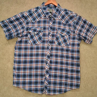 CASUAL COUNTRY Western Shirt Mens XXL Blue Plaid Pearl Snap Cowboy Short Sleeve - Image 1 of 4
