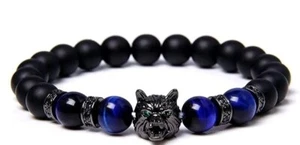 Bracelet, Brazalete cabeza de lobo & ojo de tigre azul para atraer energía + - Picture 1 of 3