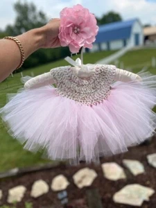 BABY GIRL PINK TUTU DRESS WITH CROCHET BODICE WITH HEADBAND - Picture 1 of 2