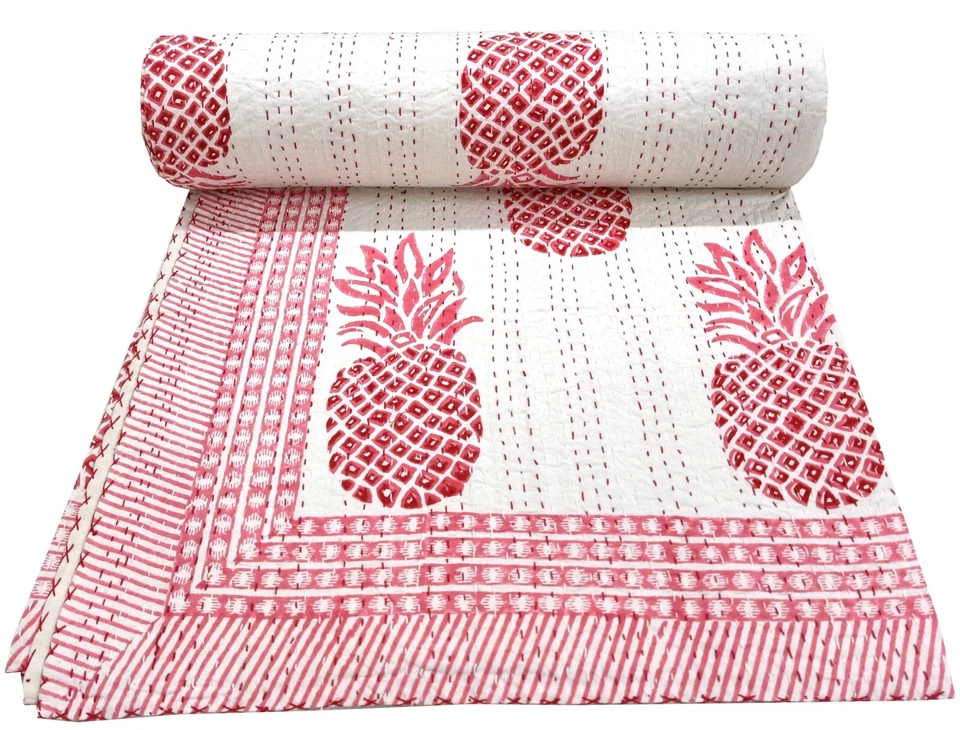 Floral Hand Block Printed Kantha Throw, Indian Soft Cotton Kantha bed/Sofa Quilt - Image 1 of 4