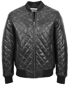 Mens Real Leather Bomber Jacket Quilted Varsity Style Warren Black - Picture 1 of 7