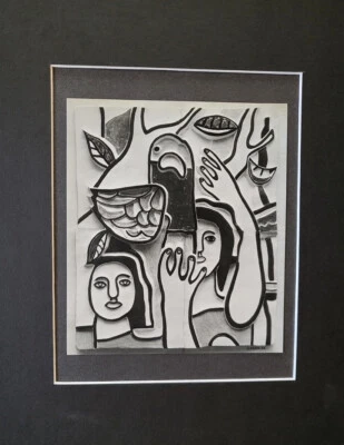 Fernand Leger "Mujeres con un pájaro" mate offset blanco y negro litografía 1971 Foto 1 de 2