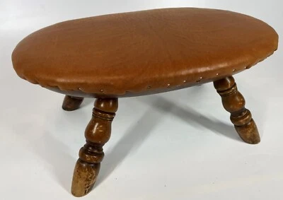 Vintage Custom Upcycled 15" Reclaimed Brown Leather Oval Retro Footstool Stool - Image 1 of 4