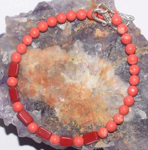 925 Fine Silver Red Coral Gemstone 4-5 mm Round-Box Beads 9" Strand Bracelet H-8 - Picture 1 of 4