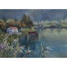 ORIGINAL Art Aquarelle Peinture Paysage Lac Endine 10,6x15" Tatiana Ilitzky