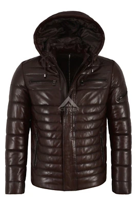 Men's Puffer Hooded Lambskin Leather Jacket Brown Real Napa Fully Quilted 2006 - Image 1 of 4
