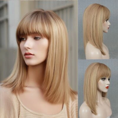 Женский прямой парик из 100% человеческих волос Blonde Highlights 18 дюймов с челкой плотность 150% - Изображение 1 из 4