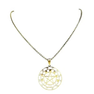 Pentacle Zodiac Necklace Gold PVD Stainless Steel Moon Phase Astrology Pendant - Picture 1 of 6