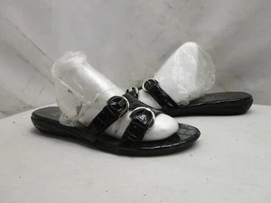 Stuart Weitzman Black Patent Leather Croc Embossed Slip On Sandals Size 7.5 M - Picture 1 of 8