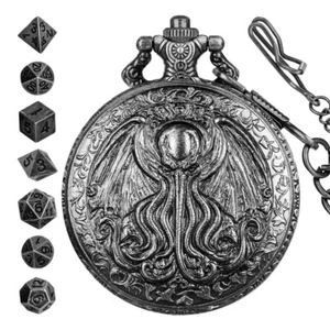 7pcs RPG Polyhedral D&D Metal Dices Set with Octopus Engraved Pocket Watch Case - Picture 1 of 12