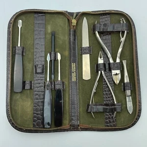 VINTAGE Brown Leather Nail Care Kit Travel Grooming Set Zipper Bag Germany Made - Picture 1 of 12