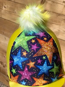 Horse Riding hat silk Rainbow fur Pom one Size Sparkly Star - Picture 1 of 34