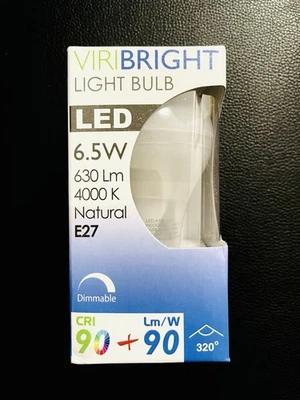 x2.  Viribright 6.5W LED Light Bulb Natural 4000K E27 Screw  Dimmable  - Image 1 of 3