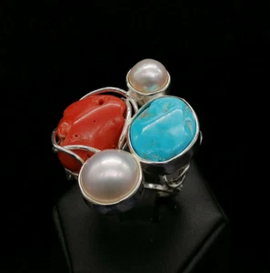 Anillo Mujer Coral Rojo Natural Plata Blanco Real Turquesa Perlas Naturales - Imagen 1 de 10