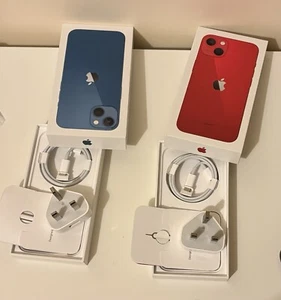 2x Apple iPhone 13 empty box, new charger, original sim pin. One blue one red - Zdjęcie 1 z 1