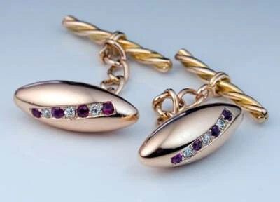 10K Yellow Gold Antique Russian Pink Ruby & White Moissanite Men's Cufflinks - Image 1 of 4