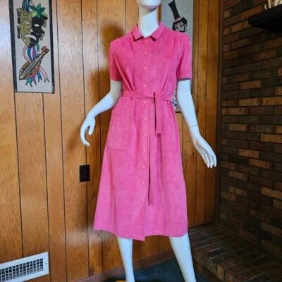 Vtg 70s Disco Pink Ultrasuede Leather Shirtdress Belted Trench Coat Dress S/M - Image 1 of 4