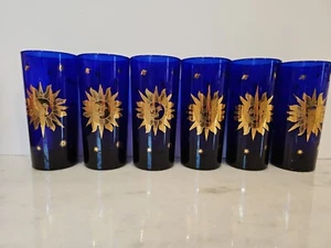 Culver Celestial Sun Moon Stars 6 Highball Glasses Cobalt Blue 22k Gold Vintage - Picture 1 of 10