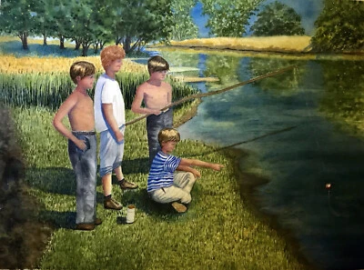 Original Acuarela 17x22 Paisaje Río Niños Pesca Naturaleza Impresionismo Nuevo Foto 1 de 4