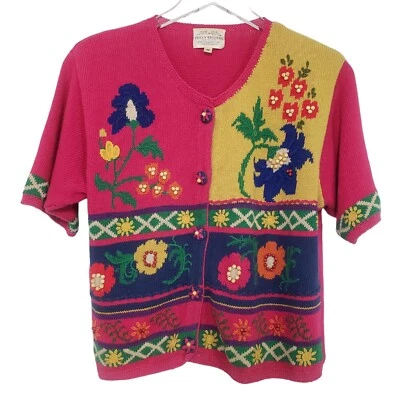 90s Cardigan Embroidered Floral Womens Size Medium Pink Beaded Cottagecore - Image 1 of 4