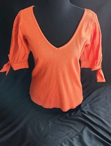 Anthropologie Maeve Puff Sleeve Top Orange Ribbed Vneck Size Medium - Picture 1 of 6