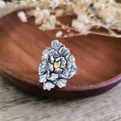 Hermoso Anillo Flor Grande Plata Fina 999 Ajustable Grandes Detalles Hecho a Mano Foto 1 de 4