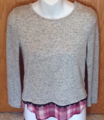 Xhilaration 女孩 L 码 10/12 勃艮第灰色格子长袖上衣 — 第 1/2 张图片