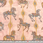 Carrousel carrousel vintage Cranston cheval sur tissu coton rose par la moitié de la cour