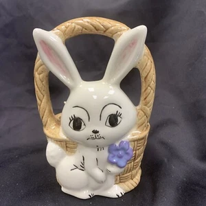 Vintage Hand Painted Ceramic Spring Bunny Rabbit With Basket Planter/Candy Dish - Picture 1 of 16