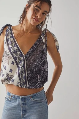 Free People Tied to You tamanho azul marinho branco L manga com nós gola V/costas colhidas - Imagem 1 de 4