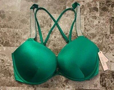 NOVO COM ETIQUETAS VICTORIA'S SECRET 36C ALÇA VERDE PRATA BRILHO BOMBA PUSH UP BIQUÍNI TOP - Imagem 1 de 4